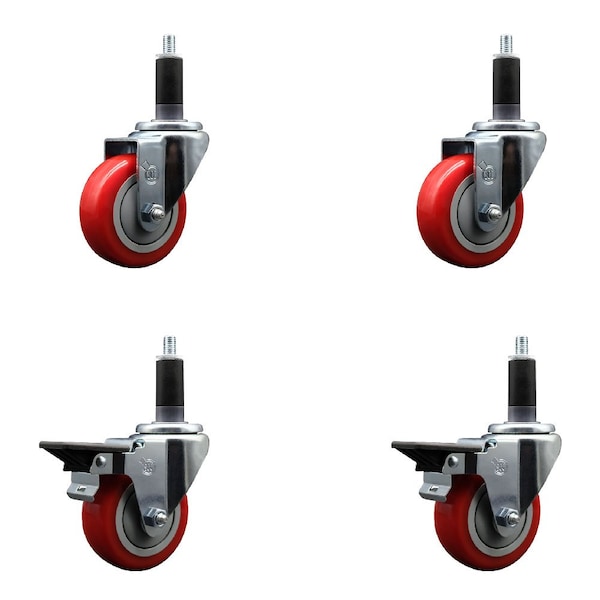 Service Caster 3.5'' Red Poly Wheel Swivel 1-1/8'' Expanding Stem Caster Set 2 Brakes, 4PK SCC-EX20S3514-PPUB-RED-2-PLB-2-118 - main